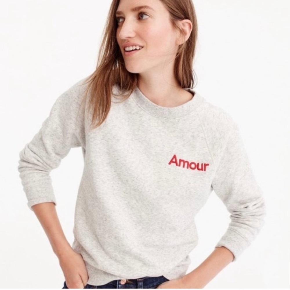 J.Crew Women’s Grey Embroidered Amour Crewneck Pullover Sweatshirt French Cotton